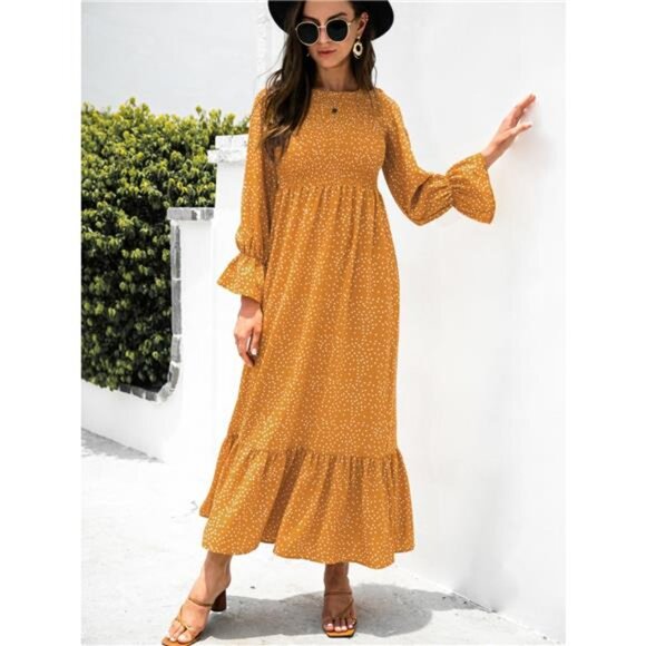 Ruffled Printed Long Sleeve Maxi Dress - Picture 1 of 5